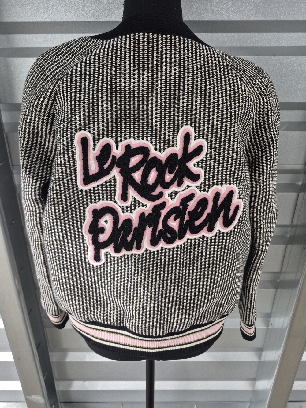 Balmain Black & Pink Knit Varsity Jacket with Script Patch